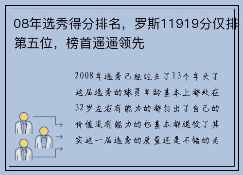 08年选秀得分排名，罗斯11919分仅排第五位，榜首遥遥领先