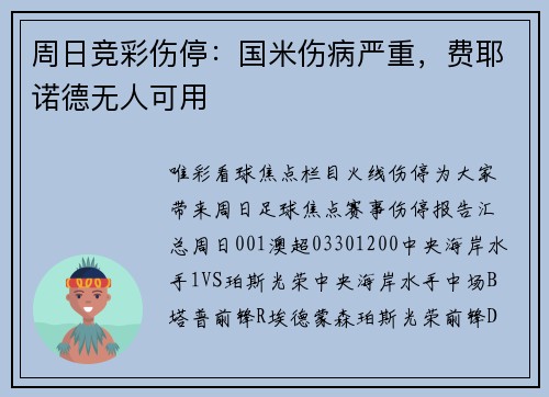 周日竞彩伤停：国米伤病严重，费耶诺德无人可用