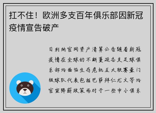 扛不住！欧洲多支百年俱乐部因新冠疫情宣告破产