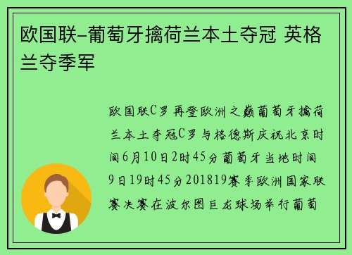欧国联-葡萄牙擒荷兰本土夺冠 英格兰夺季军