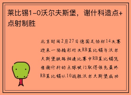 莱比锡1-0沃尔夫斯堡，谢什科造点+点射制胜
