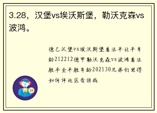 3.28，汉堡vs埃沃斯堡，勒沃克森vs波鸿。