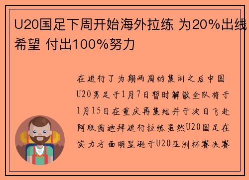 U20国足下周开始海外拉练 为20%出线希望 付出100%努力