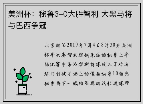 美洲杯：秘鲁3-0大胜智利 大黑马将与巴西争冠